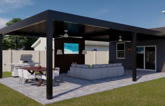 Aluminum terrace with outdoor kitchen capacity and various furniture