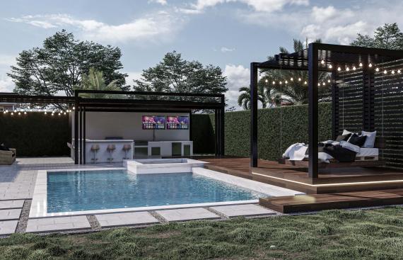 Project of three pergolas in a patio with a pool