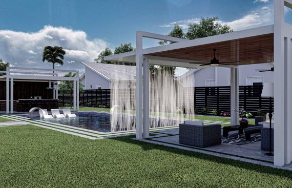 Two modern pergolas with waterfall and outdoor kitchen