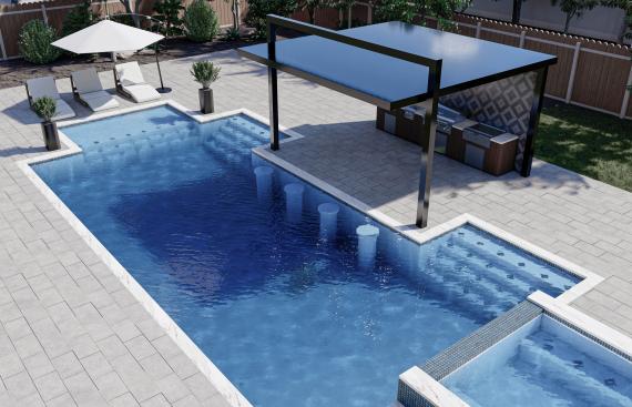 Modern pergola with outdoor kitchen and engraved wall