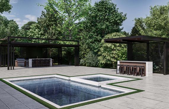 Cantilever pergola and aluminum pergola with outdoor kitchen included