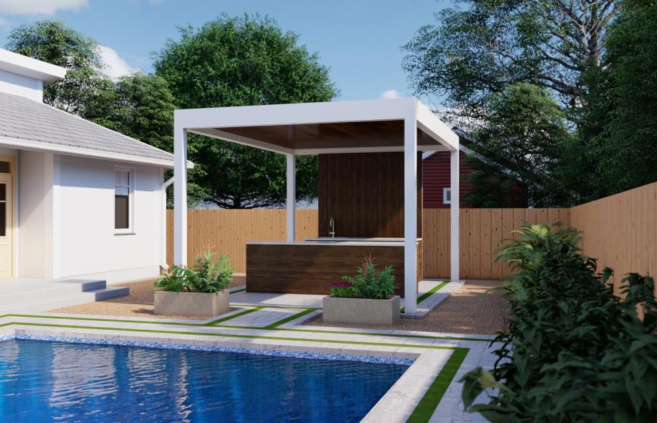 Outdoor kitchen with four-column pergola and wood simulation ceiling
