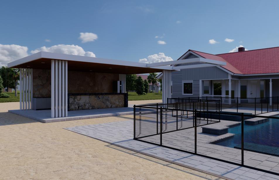 Outdoor kitchen with aluminum pergola with reinforced columns