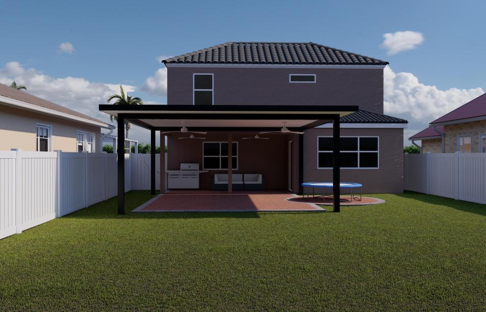 Aluminum terrace with four columns and two ceiling fans