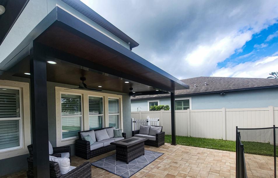 Black aluminum terrace with modern ceiling fans