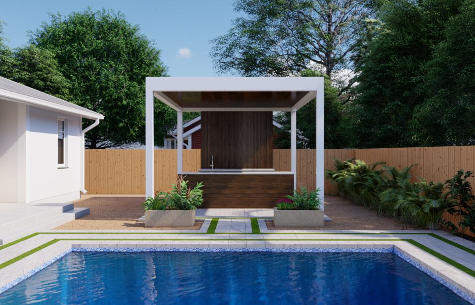 Outdoor kitchen with four-column pergola and wood simulation ceiling