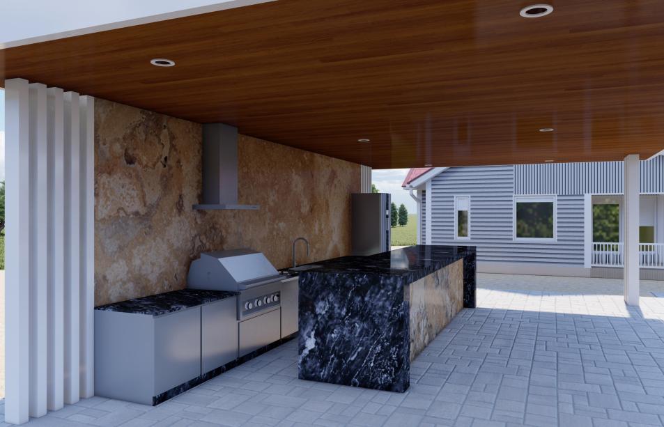 Outdoor kitchen with aluminum pergola with reinforced columns