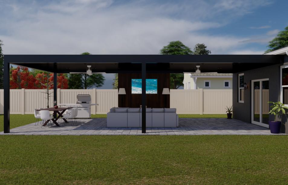 Aluminum terrace with outdoor kitchen capacity and various furniture