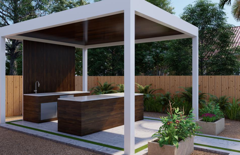 Outdoor kitchen with four-column pergola and wood simulation ceiling
