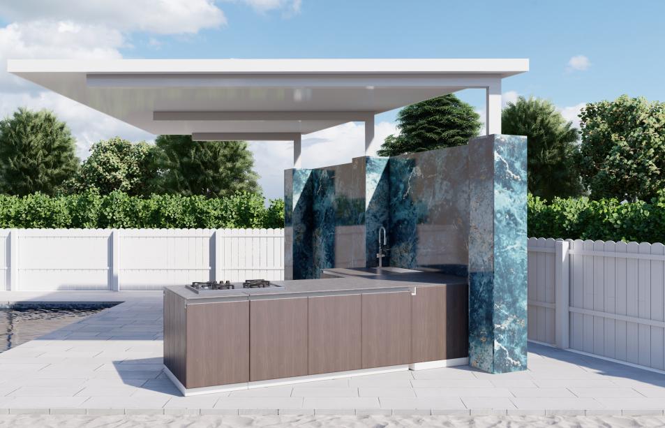 Outdoor kitchen with cantilever pergola with marble walls