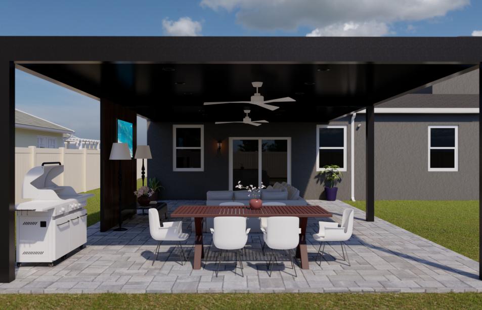 Aluminum terrace with outdoor kitchen capacity and various furniture
