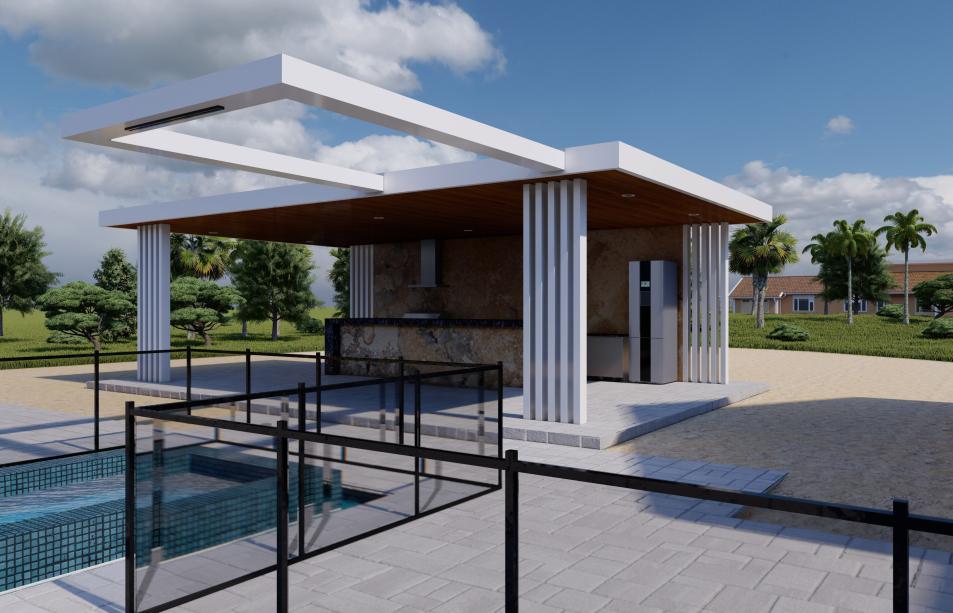 Outdoor kitchen with aluminum pergola with reinforced columns