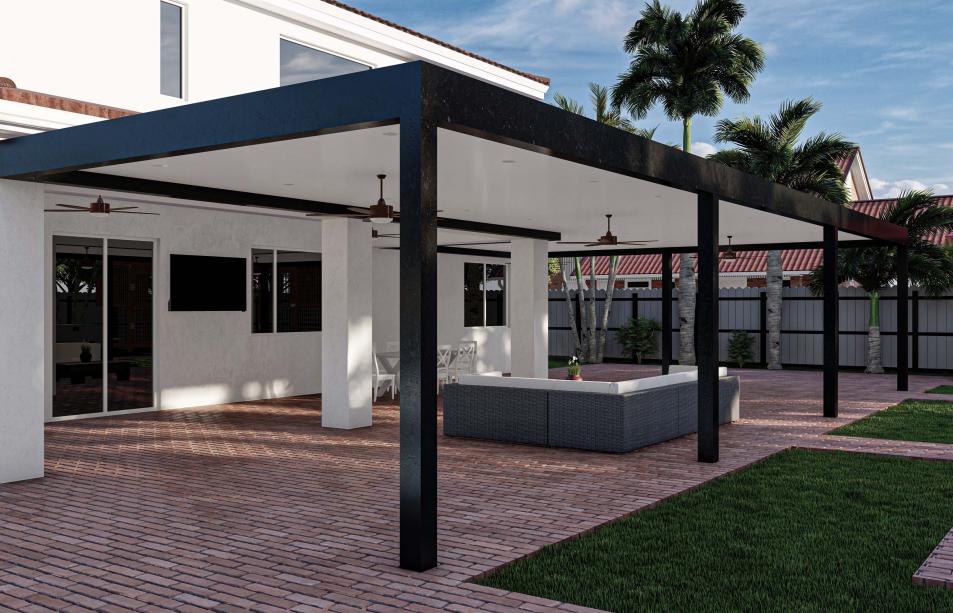 L-shaped aluminum terrace with ceiling fans