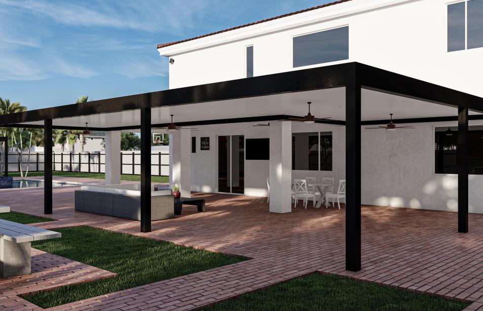 L-shaped aluminum terrace with ceiling fans