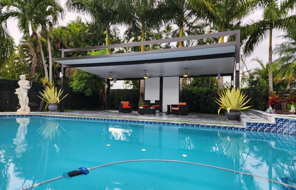 Huge modern pergola with three fans and LED lighting system
