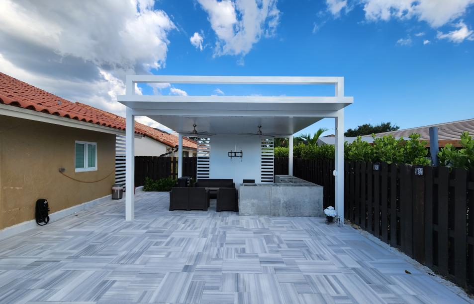 Modern white pergola with four pillars