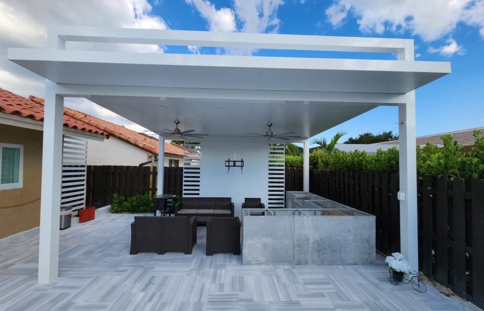 Modern white pergola with four pillars
