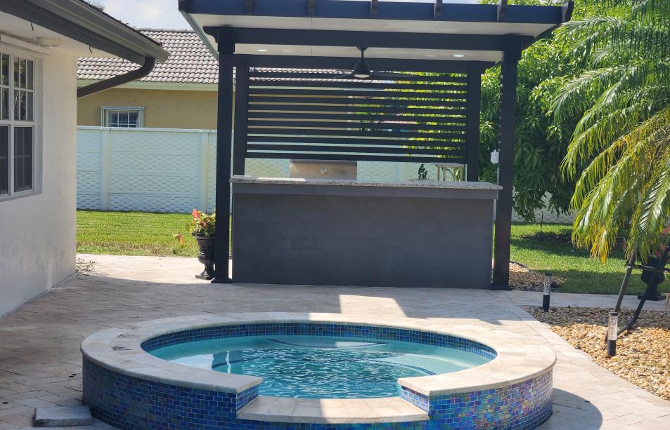 Small simulation wood pergola with outdoor kitchen included