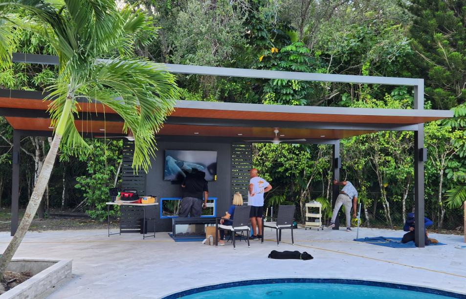 Huge modern aluminum simulation wood pergola with fans and LED lights