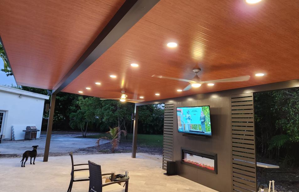 Huge modern aluminum simulation wood pergola with fans and LED lights