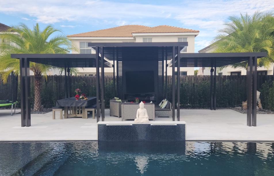 Modern aluminum pergola, three-roof design with LED lighting system