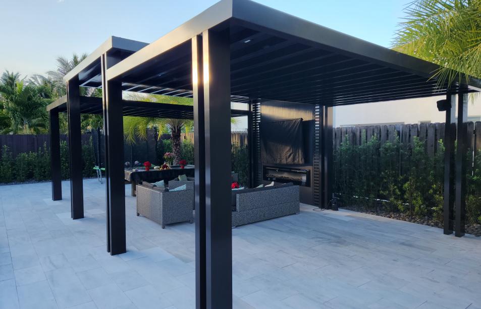 Modern aluminum pergola, three-roof design with LED lighting system