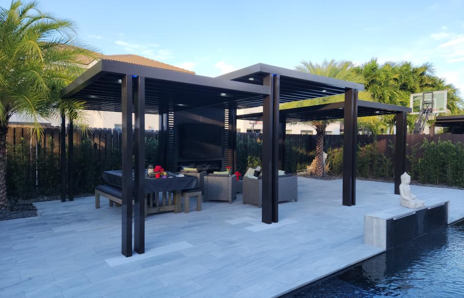 Modern aluminum pergola, three-roof design with LED lighting system