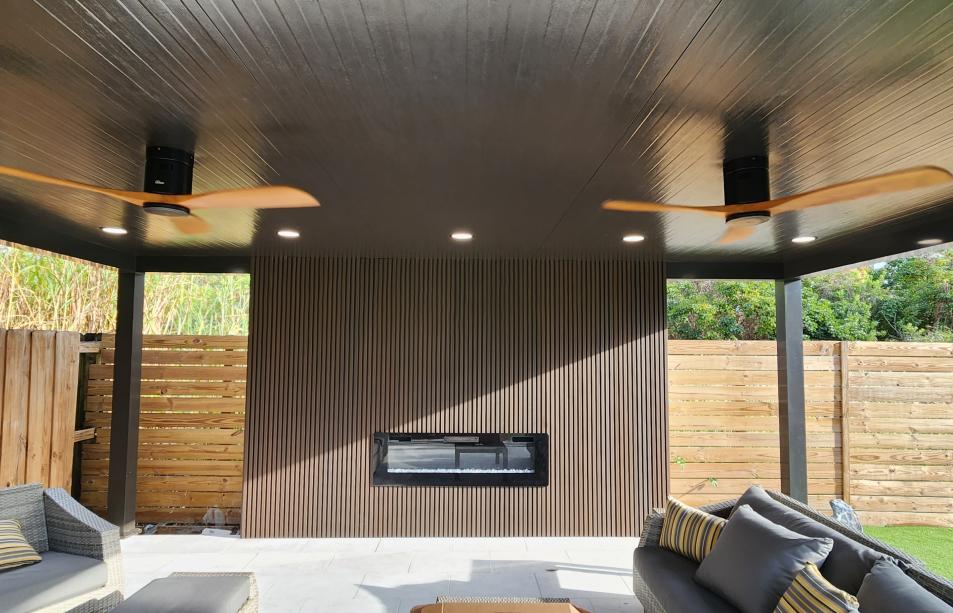 Modern aluminum pergola with outdoor kitchen and LED lighting system