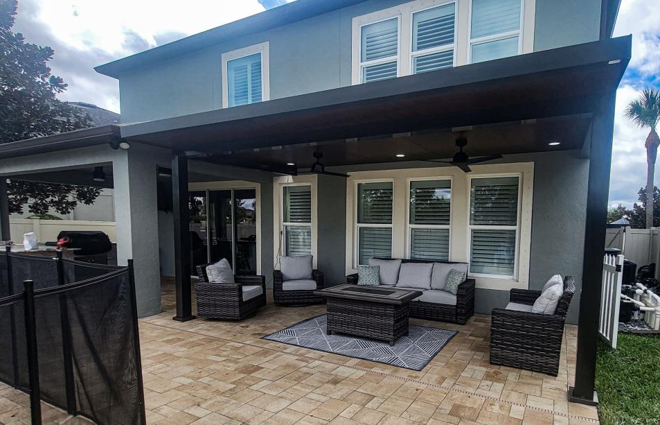 Black aluminum terrace with modern ceiling fans
