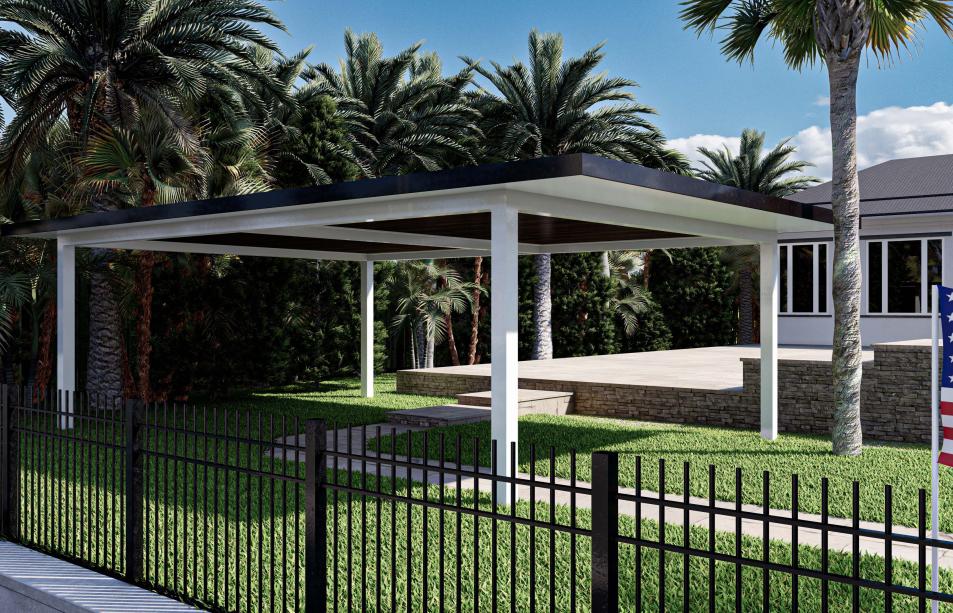 Aluminum pergola with wood-colored roof