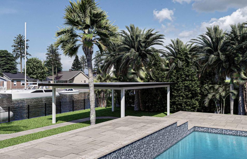 Aluminum pergola with wood-colored roof