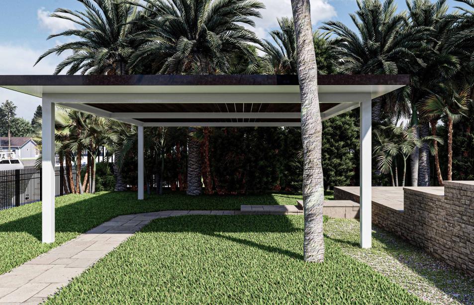Aluminum pergola with wood-colored roof
