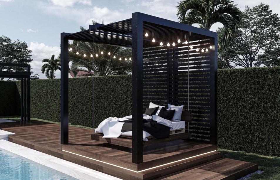 Project of three pergolas in a patio with a pool