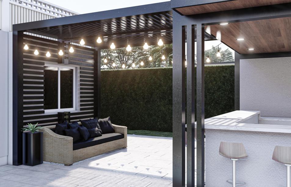 Project of three pergolas in a patio with a pool