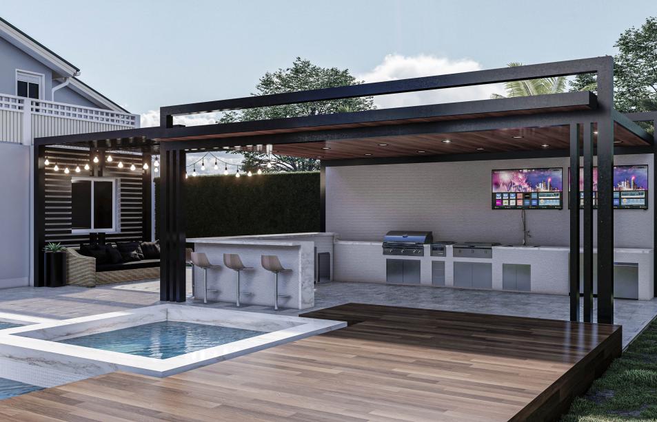 Project of three pergolas in a patio with a pool