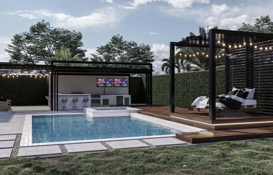 Project of three pergolas in a patio with a pool