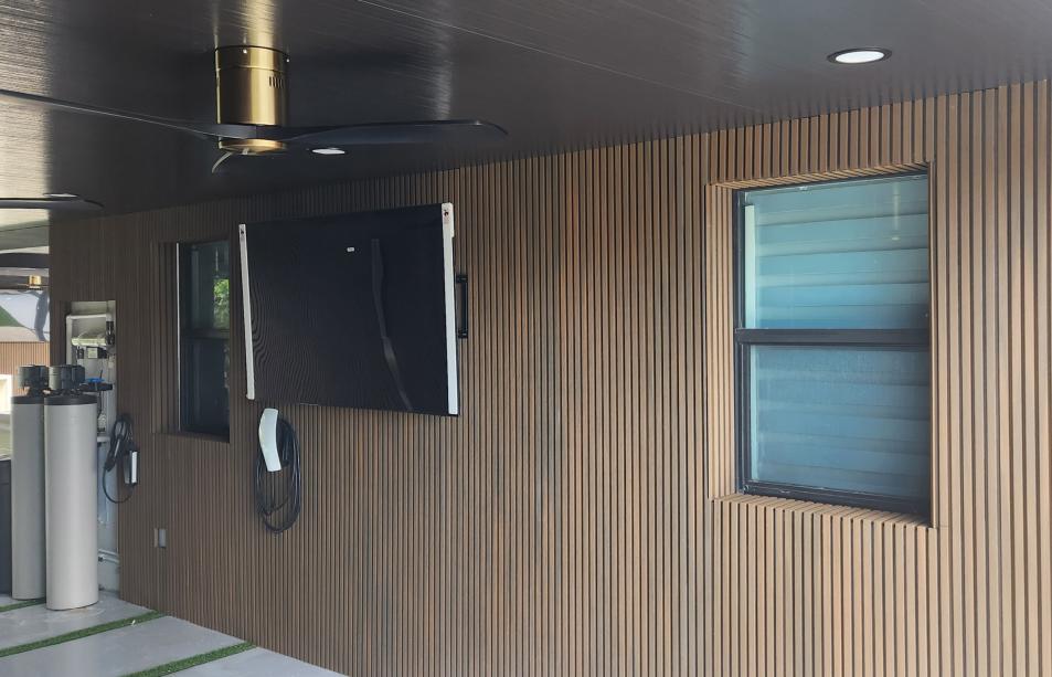 Aluminum terrace with imitation wood walls and LED lighting system