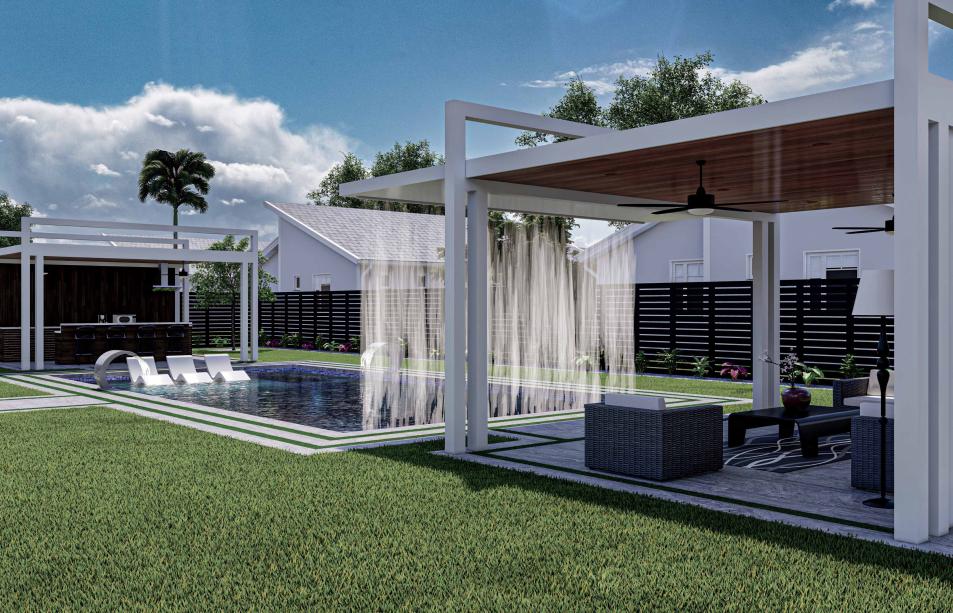 Two modern pergolas with waterfall and outdoor kitchen