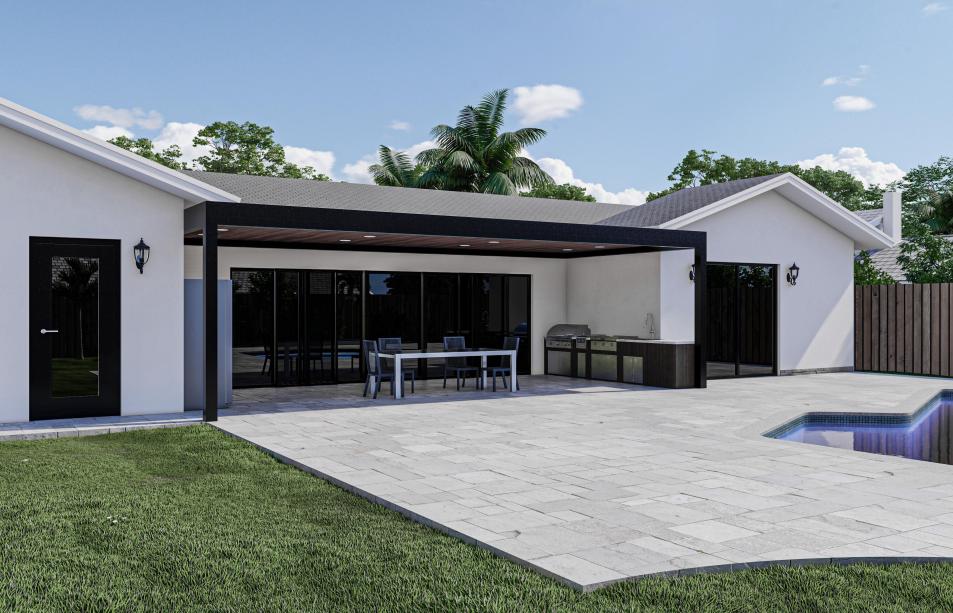 Terrace with outdoor kitchen and wood-colored roof