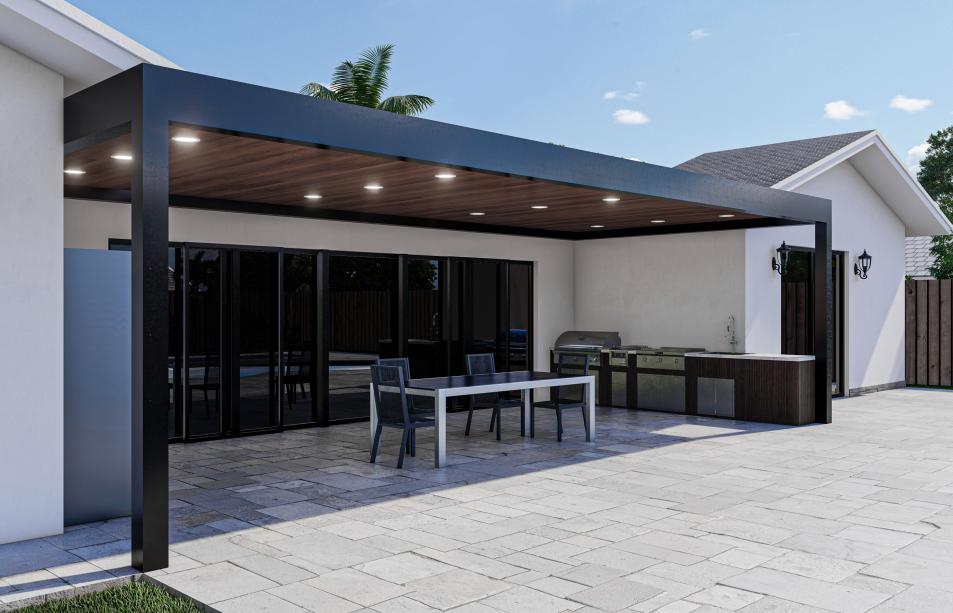 Terrace with outdoor kitchen and wood-colored roof