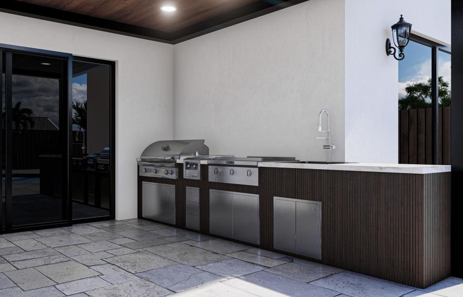 Terrace with outdoor kitchen and wood-colored roof