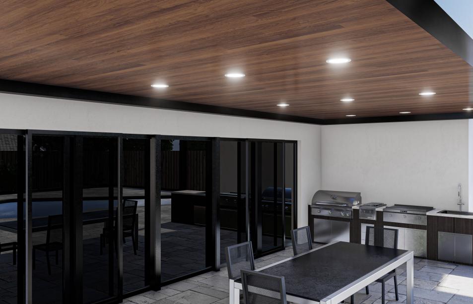 Terrace with outdoor kitchen and wood-colored roof