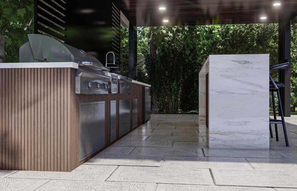 Cantilever pergola and aluminum pergola with outdoor kitchen included
