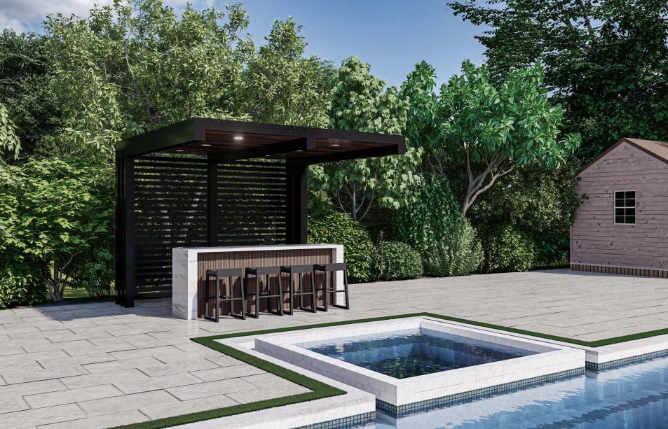 Cantilever pergola and aluminum pergola with outdoor kitchen included