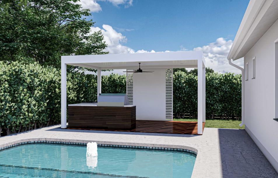 outdoor kitchen with white aluminum pergola