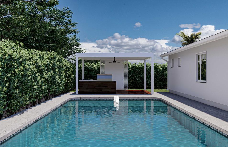 outdoor kitchen with white aluminum pergola