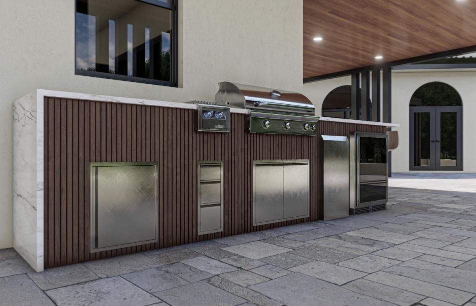 Modern simulation wood terrace with stainless steel outdoor kitchen