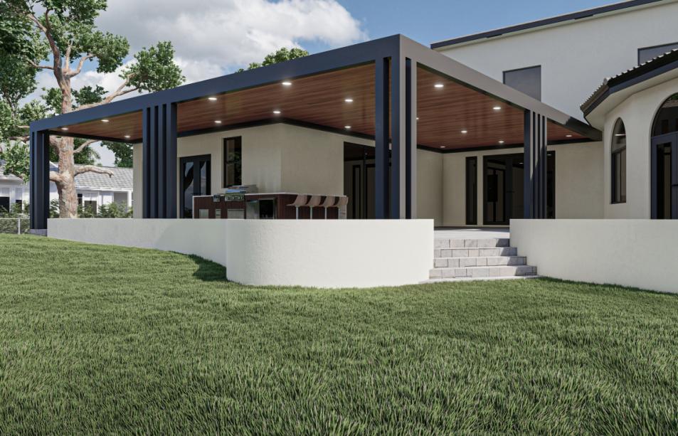 Modern simulation wood terrace with stainless steel outdoor kitchen