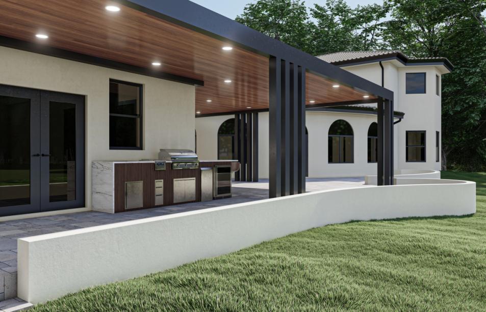 Modern simulation wood terrace with stainless steel outdoor kitchen