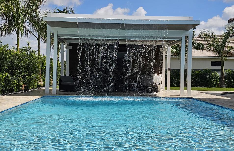 Modern aluminum pergola with waterfall